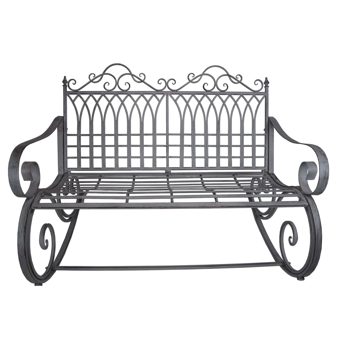 Iron and Steel Ornate Traditional Outdoor Patio Porch Garden Rocking Bench Loveseat in Antique Grey