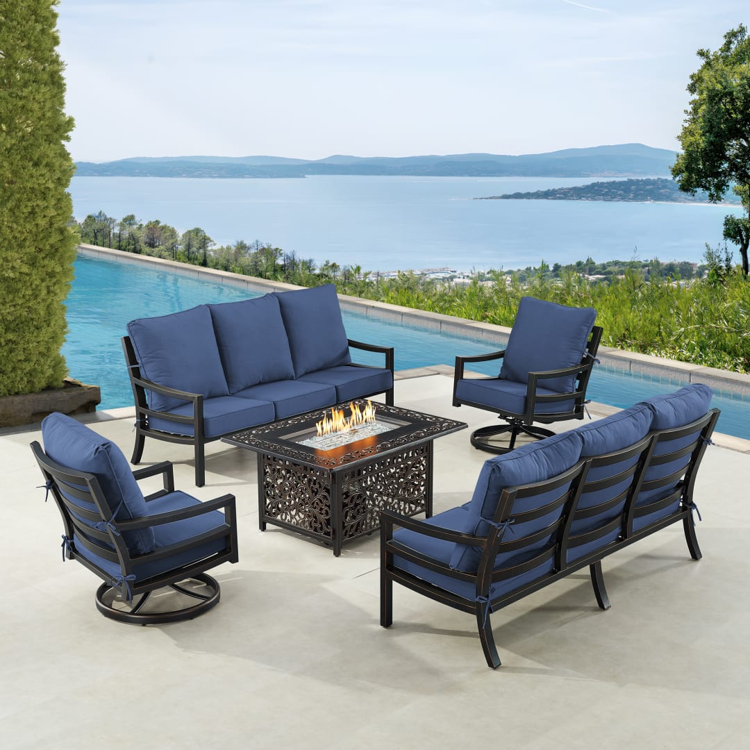 Black Aluminum Patio Fire Table Set with Two Deep Seating Sofa with Cushions and Two Club Chairs