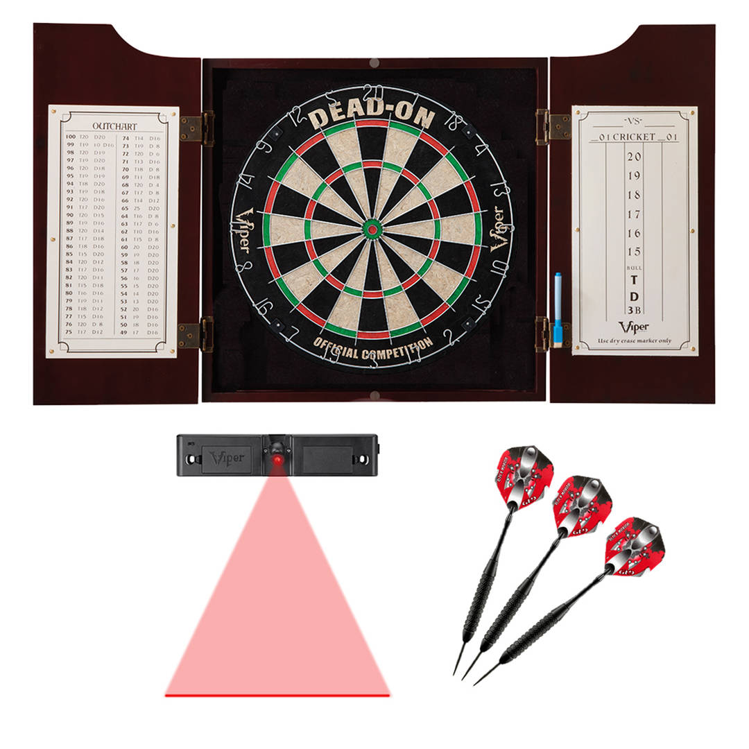 Viper Hudson Dartboard Cabinet, Viper Dead-On Bristle Dartboard, Viper Black Mariah Steel Tip Darts 22 Grams, and Throw Line Light