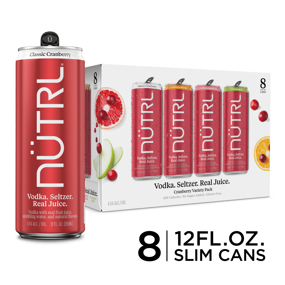 Nutrl Vodka Seltzer Cranberry FOUR FLAVOR Variety Pack 8x12 oz Can Sleek Pack CARRIER - Top Handle Spot UV - Cranberry, Cranberry Grapefruit, Cranberry Orange and Cranberry Apple - SL Coating