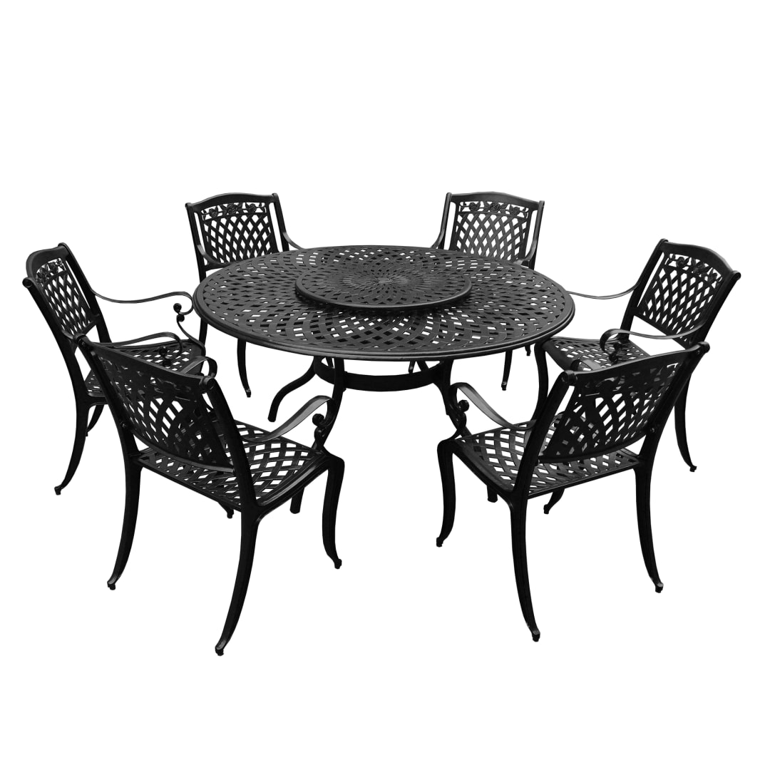 Modern Ornate Outdoor Mesh Aluminum 59-in Large Black Round Patio Dining Set with Lazy Susan and Six Chairs