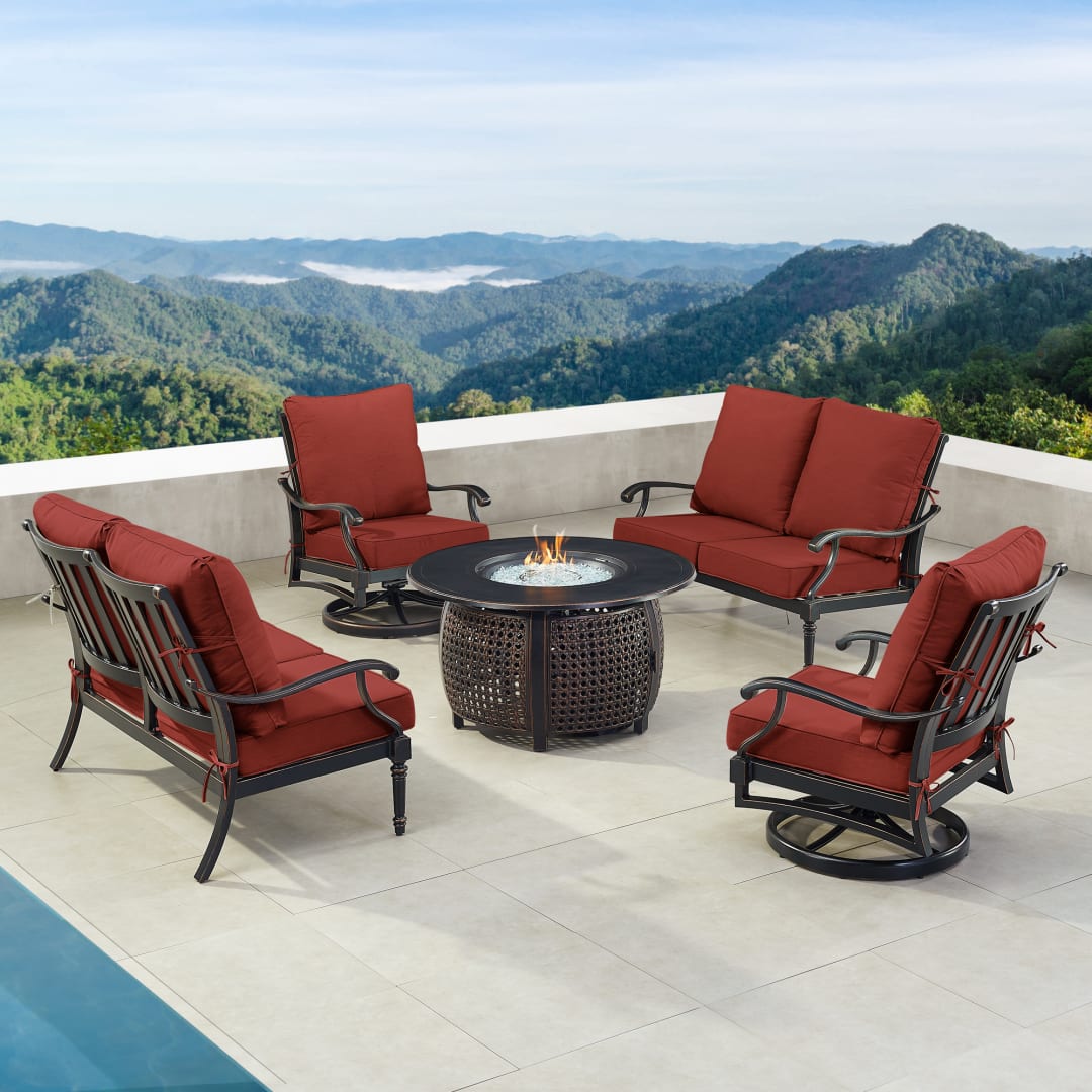Black Aluminum Patio Fire Table Set with Two Deep Seating Loveseat with Cushions and Two Club Chairs