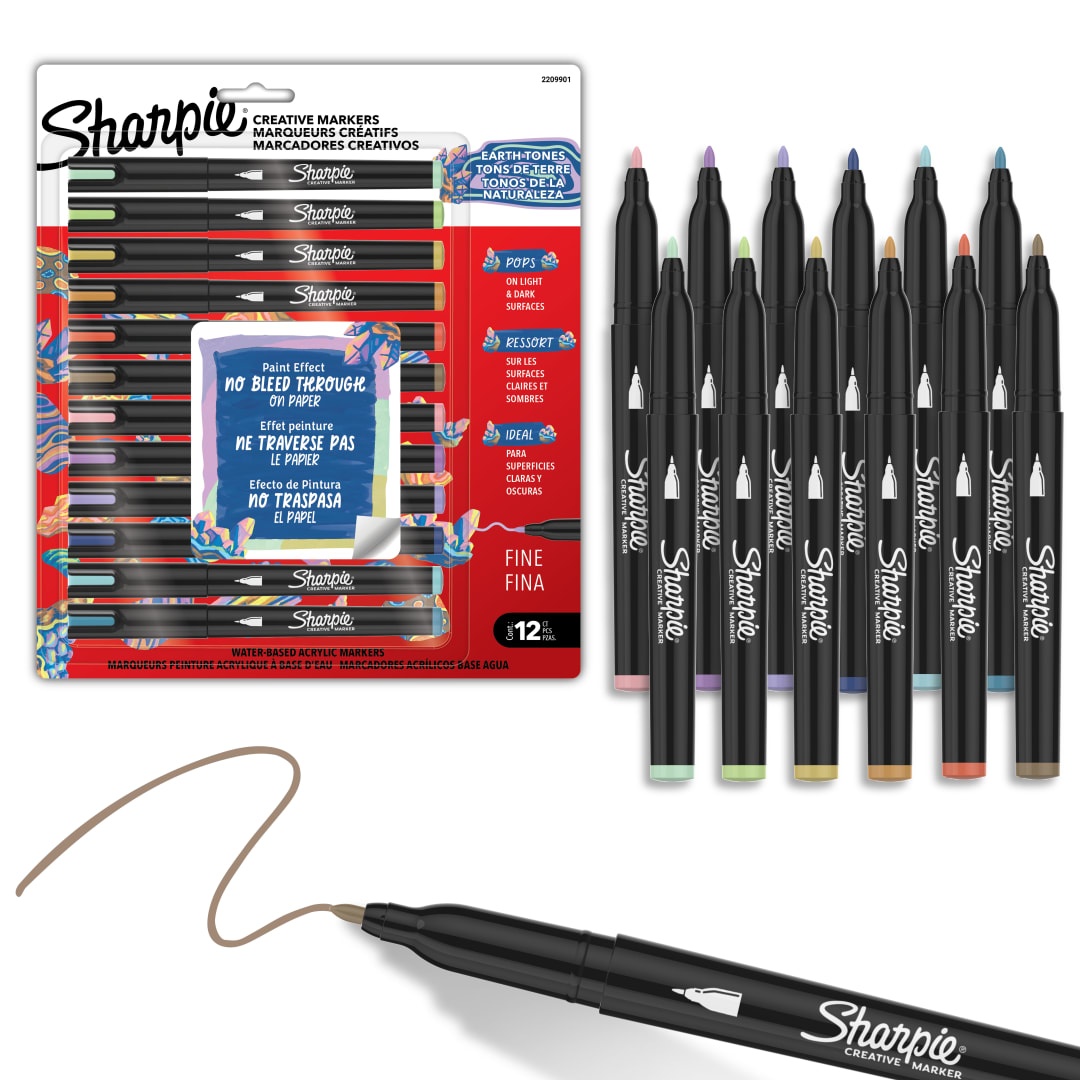 Sharpie Creative Markers, Earth Tones, Water-Based Acrylic Paint Markers, Fine Tip, 12 Count
