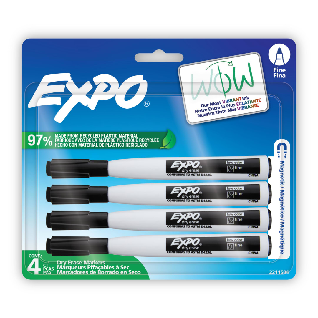 EXPO Magnetic Dry Erase Markers with Eraser, Black, Fine Tip, 4 Count