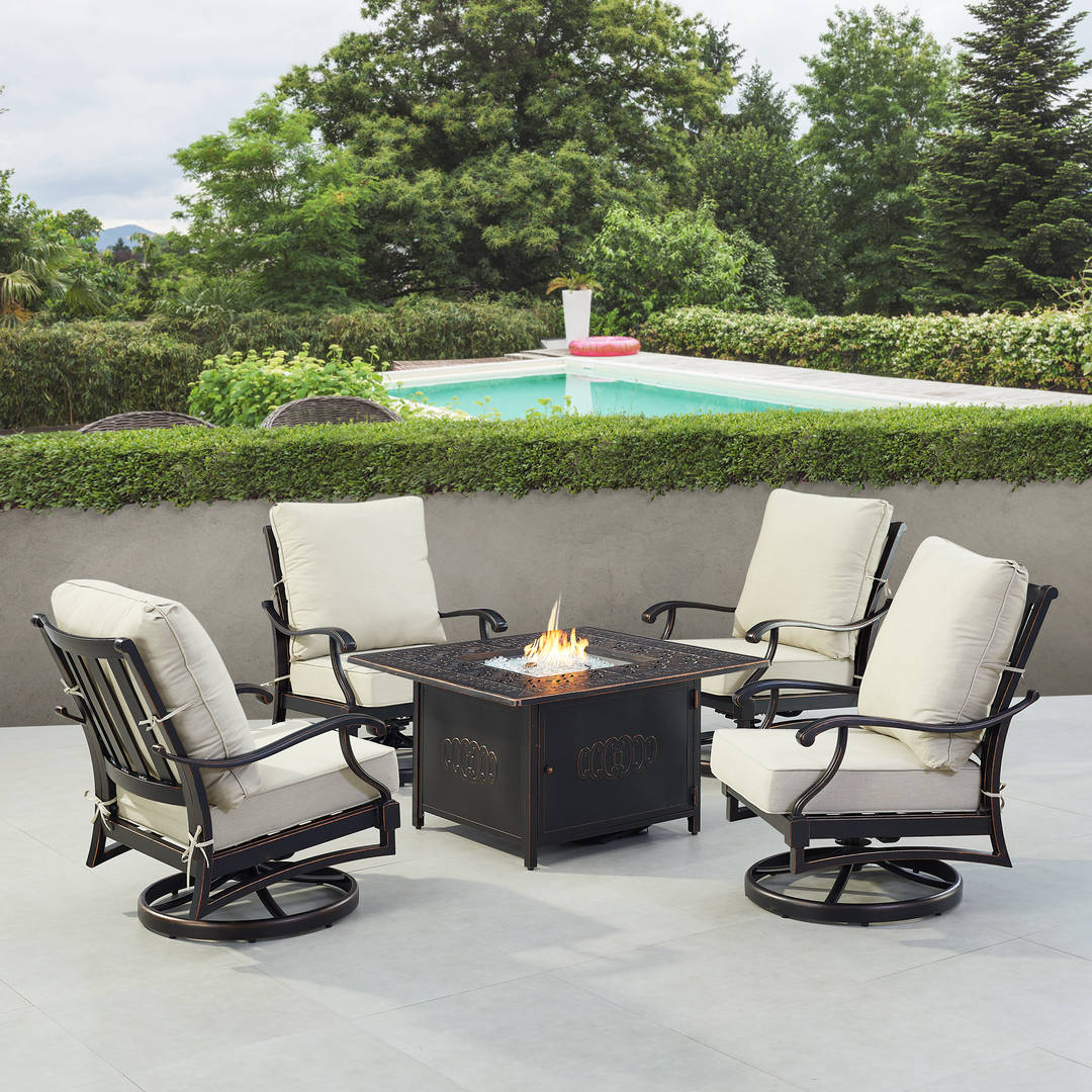 Black Aluminum Patio Fire Table Set with Four Club Chairs