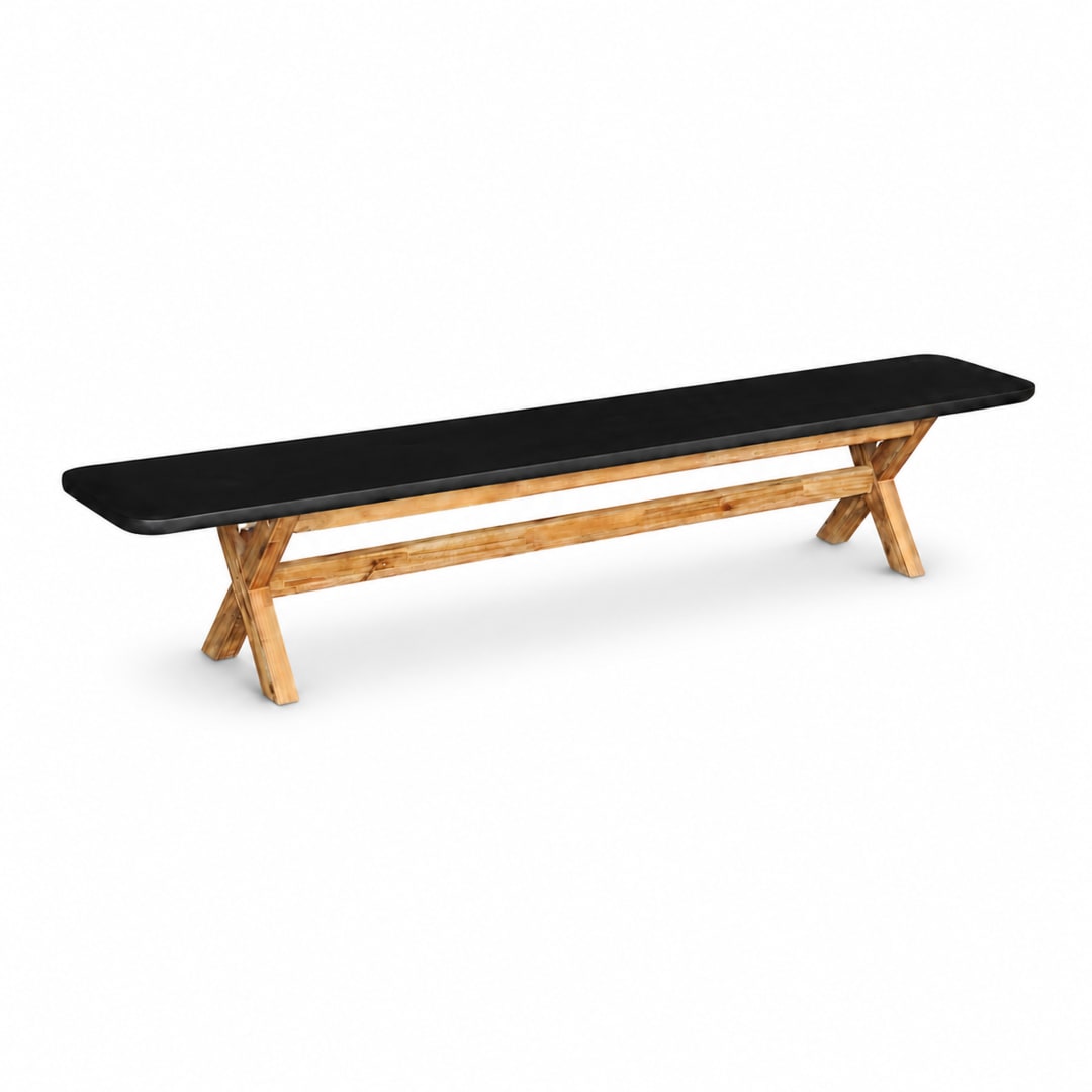 Modern Indoor/Outdoor Matte Black 94.5" Poly-Fiber Bench with Acacia Wood Base