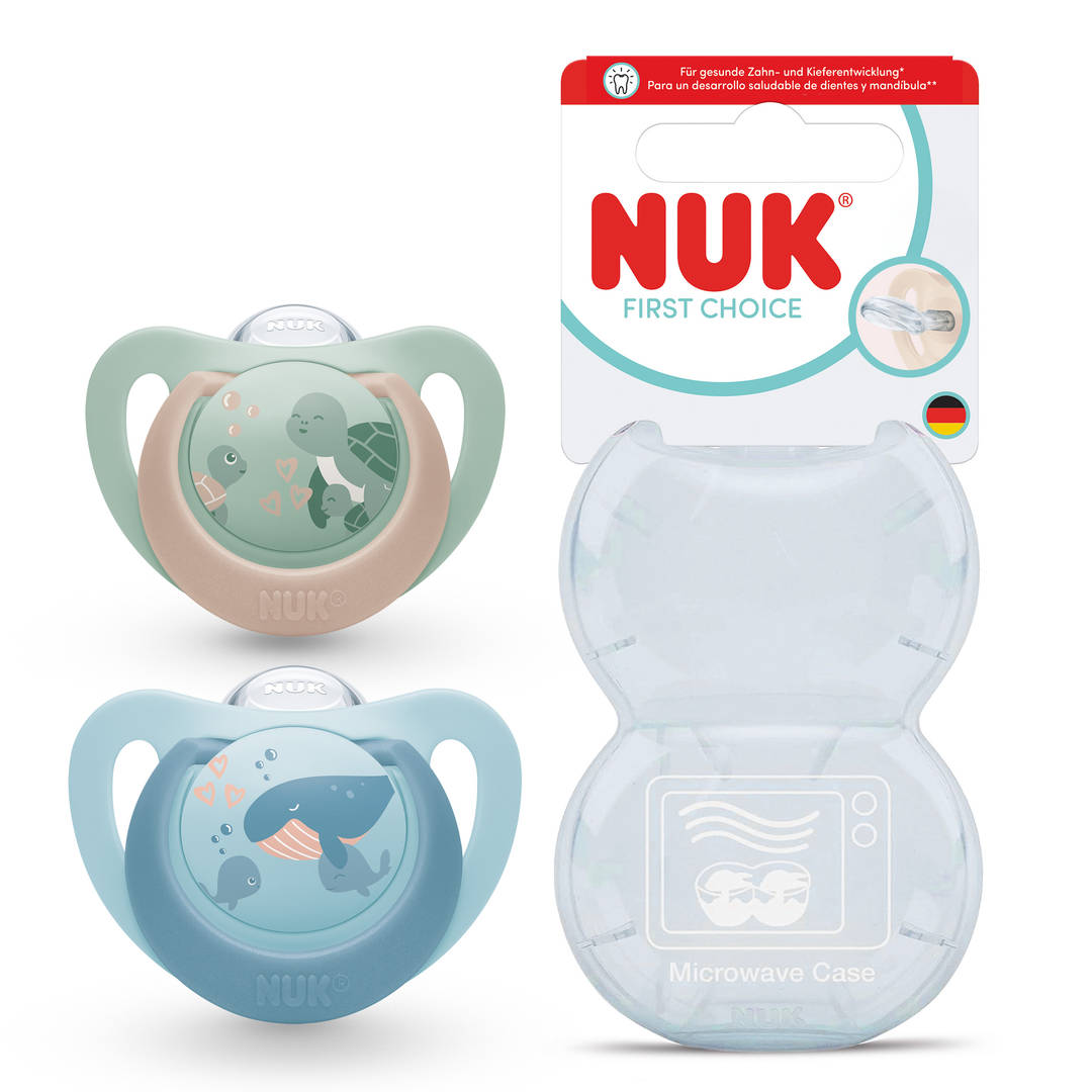 NUK First Choice Chupete para beb | 18-36 meses | Chupetes ortodnticos | Calma al 99% de los bebs** | Tortuga / Ballena | 2 unidades