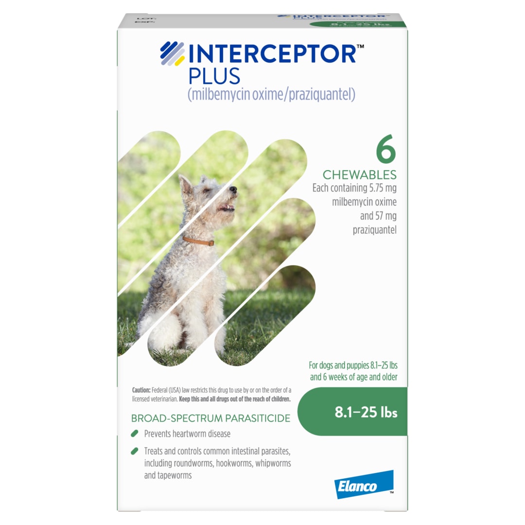 Interceptor Plus Prevention for Heartworm + 4 Other Worms for Dogs 8.1-25 lbs. | 6 Chews, 6-Month Supply