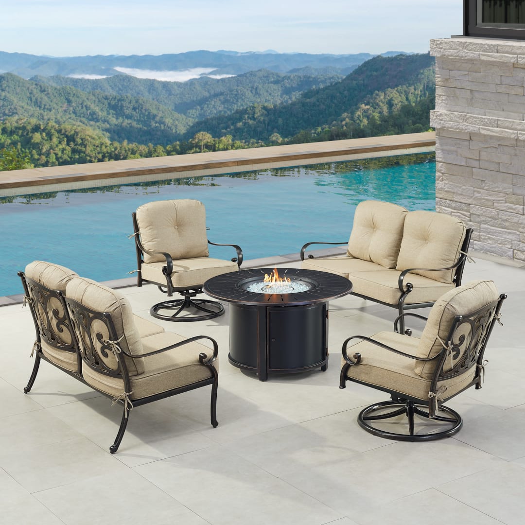 Black Aluminum Patio Fire Table Set with Two Deep Seating Loveseat with Cushions and Two Club Chairs