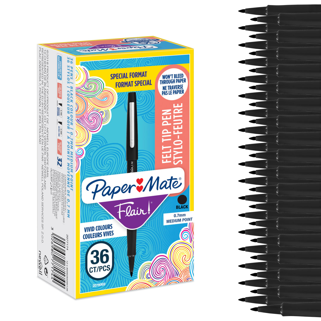 Paper Mate Flair rotuladores de punta de fieltro | punta mediana (0.7 mm) | negro | 36 unidades