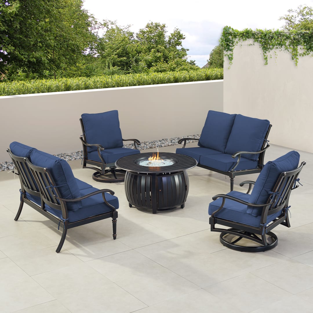 Black Aluminum Patio Fire Table Set with Two Deep Seating Loveseat with Cushions and Two Club Chairs