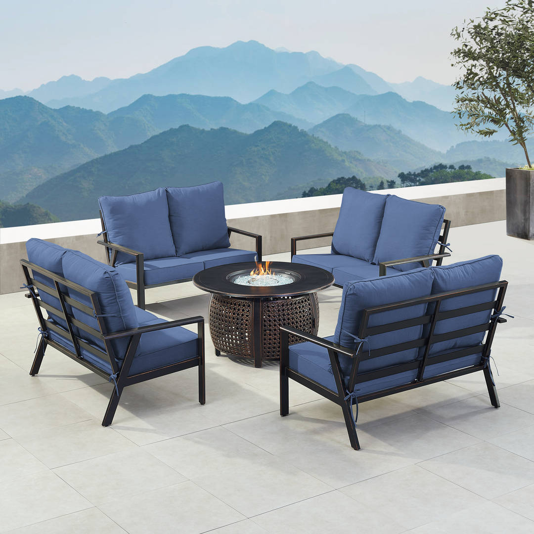 Black Aluminum Patio Fire Table Set with Four Deep Seating Loveseats with Cushions