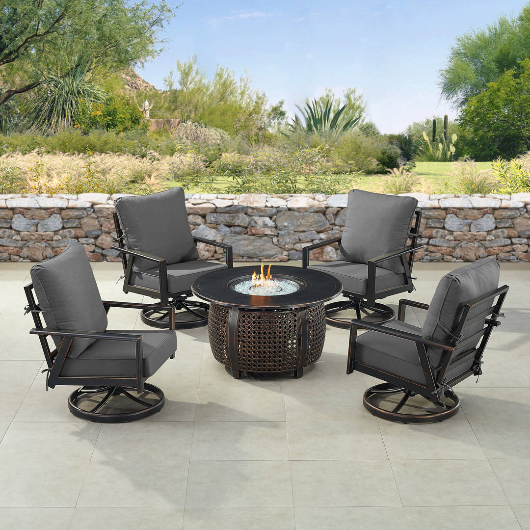 Black Aluminum Patio Fire Table Set with Four Club Chairs
