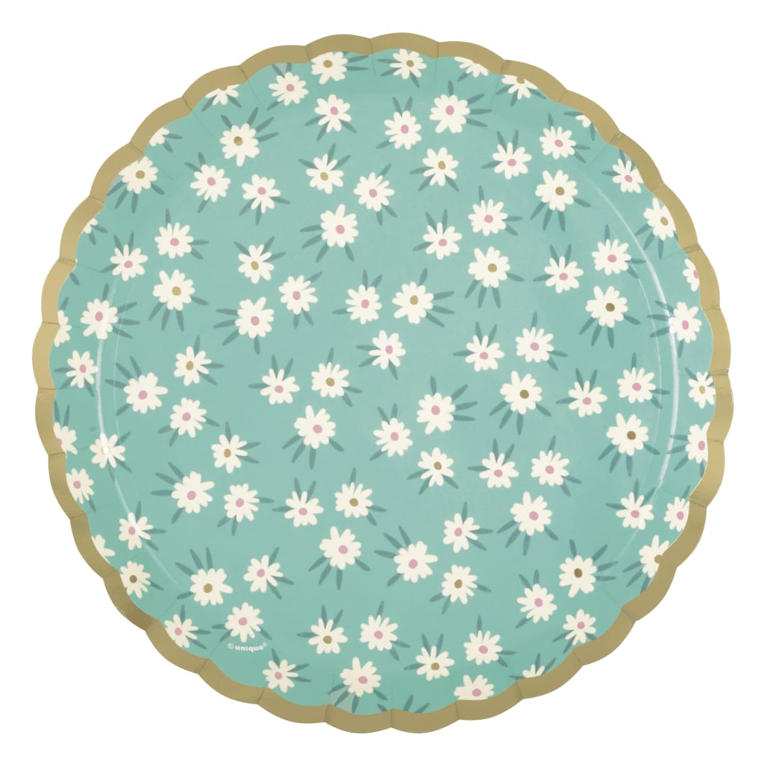 Spring Florals Mint Scalloped Edge 8.25" Dessert Plates, 8ct - Foil Stamping