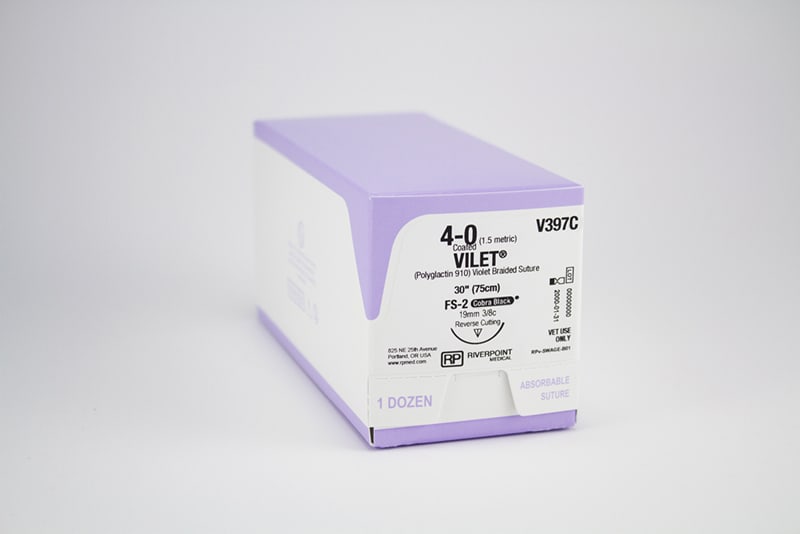 Vilet PGLA Suture, USP 4-0 with 19mm FS-2 Reverse Cutting 3/8 Circle Cobra Black Needle, Violet, 75cm, Sterile