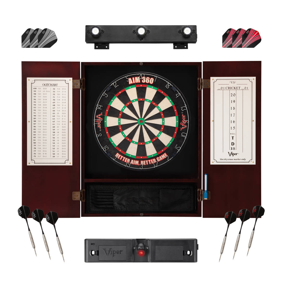 Viper AIM 360 Dartboard, Metropolitan Mahogany Cabinet, Throw Line Light, Dartboard Lights, and Darts with Spare Flights