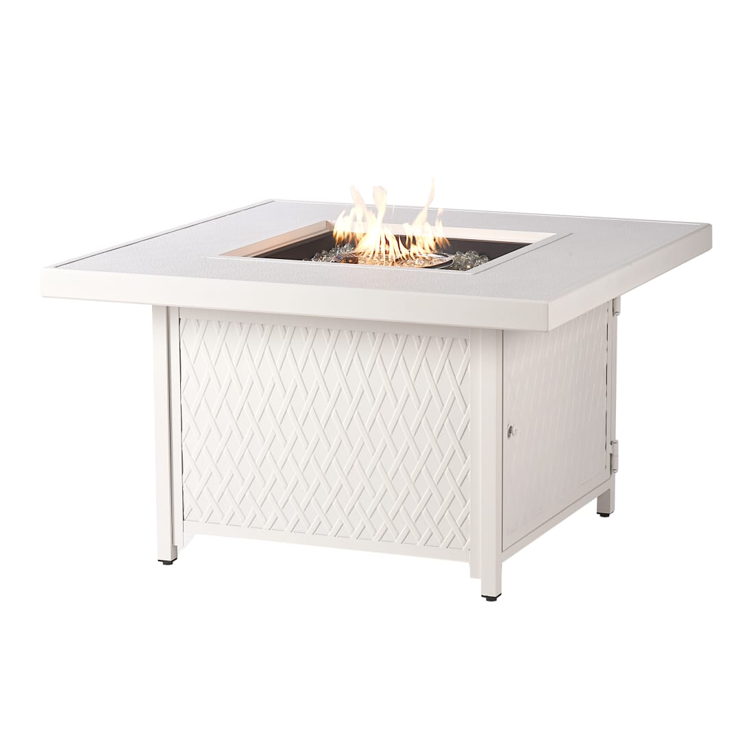 Square 42 in. x 42 in. Aluminum Propane Fire Pit Table with Glass Beads, Two Covers, Lid, 55,000 BTUs in White Finish