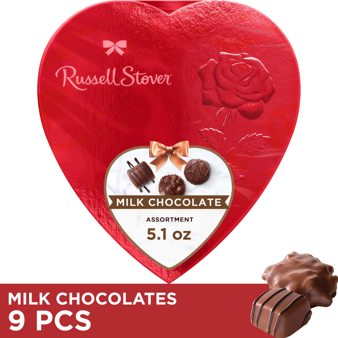 RUSSELL STOVER Valentine's Day Red Foil Heart Milk Chocolate Candy Gift Box, 5.1 oz.