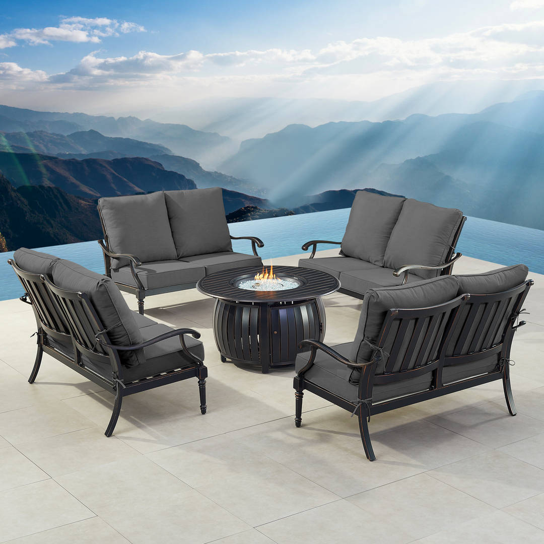 Black Aluminum Patio Fire Table Set with Four Deep Seating Loveseat with Cushions