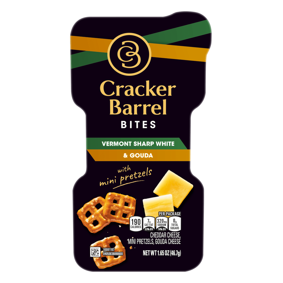 Cracker Barrel Bites Cheese Snacks Vermont Sharp White Cheddar, Gouda With Mini Pretzels, 1.65 oz Tray