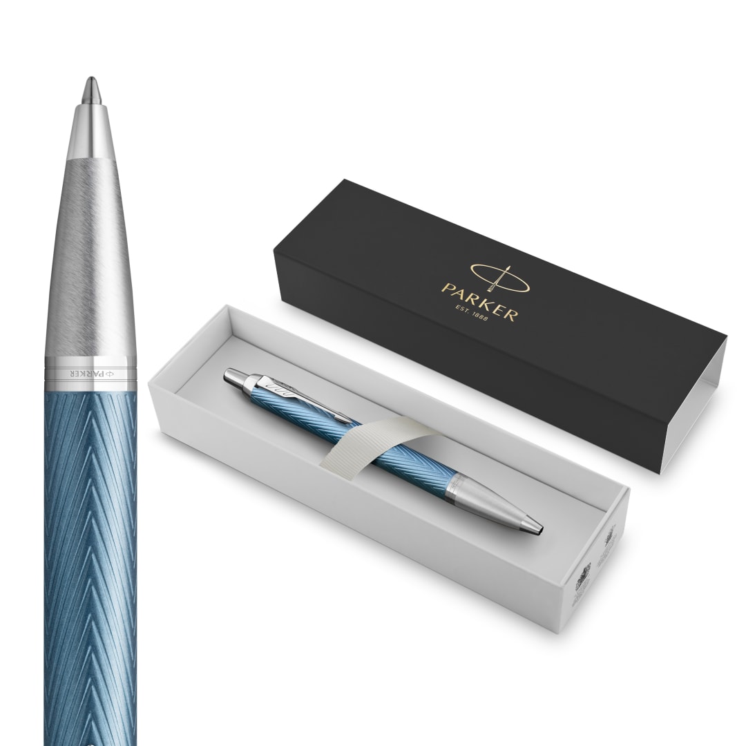 Parker Im Bolígrafo, Lacado En Azul-Gris Premium Con Adornos Cromados, Punta Mediana Con Recambio De Tinta Azul, Estuche De Regalo