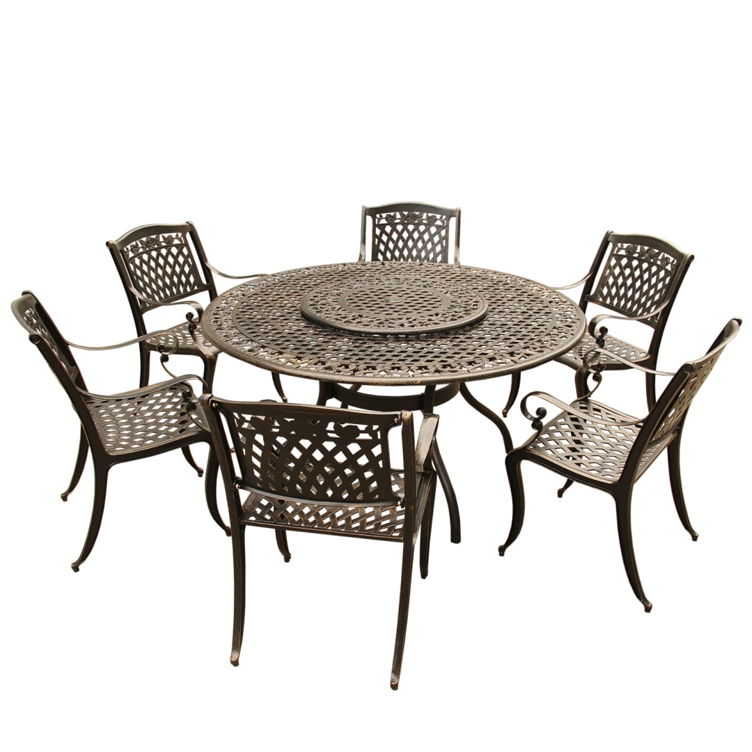 Rose Ornate Traditional Outdoor Mesh Lattice Aluminum 59 inch Bronze Round Dining Set with Lazy Susan and Six Chairs