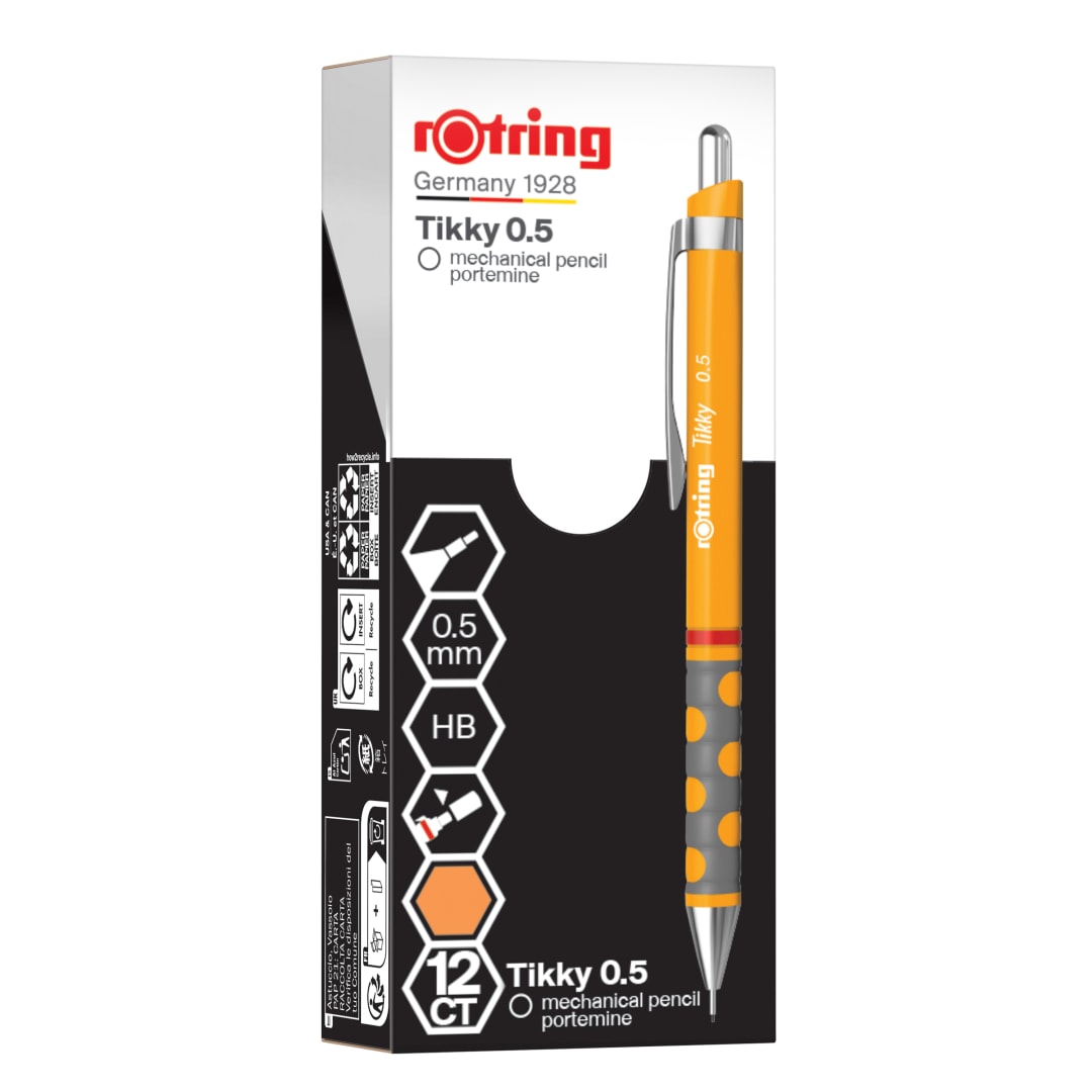 rOtring Tikky Portaminas | HB 0,5 mm | Cuerpo caléndula (naranja) | Ligero con agarre de goma | 12 piezas