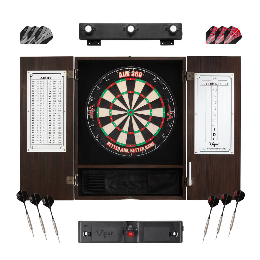 Viper AIM 360 Dartboard, Metropolitan Espresso Cabinet, Throw Line Light, Dartboard Lights, and Darts with Spare Flights