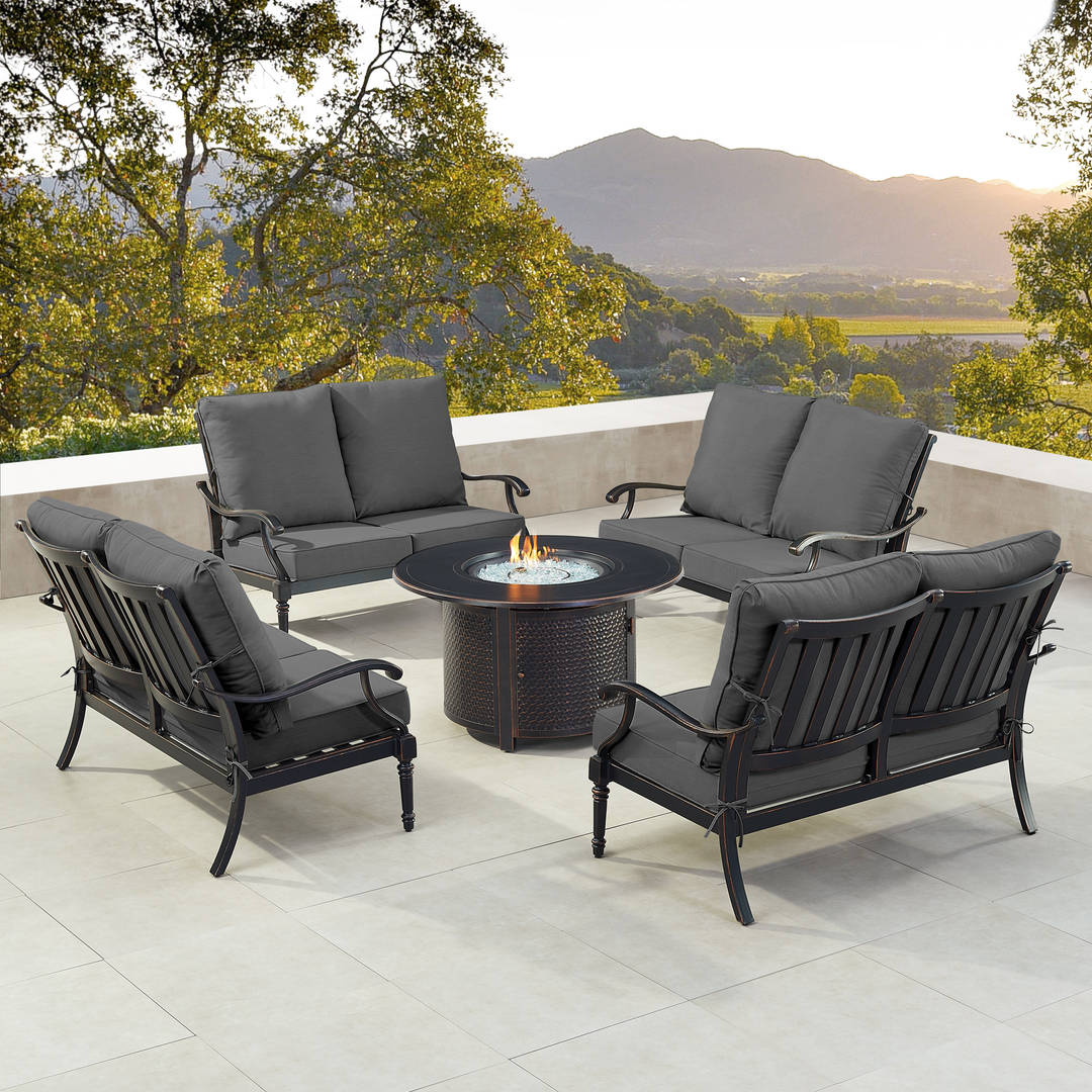 Black Aluminum Patio Fire Table Set with Four Deep Seating Loveseat with Cushions