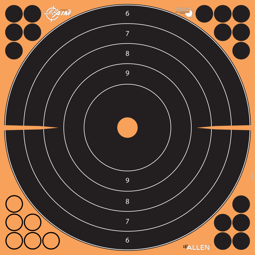 EZ Aim® Reactive Adhesive Paper Shooting Targets, Bullseye, 12" Square, 10-Pack, Black/Orange