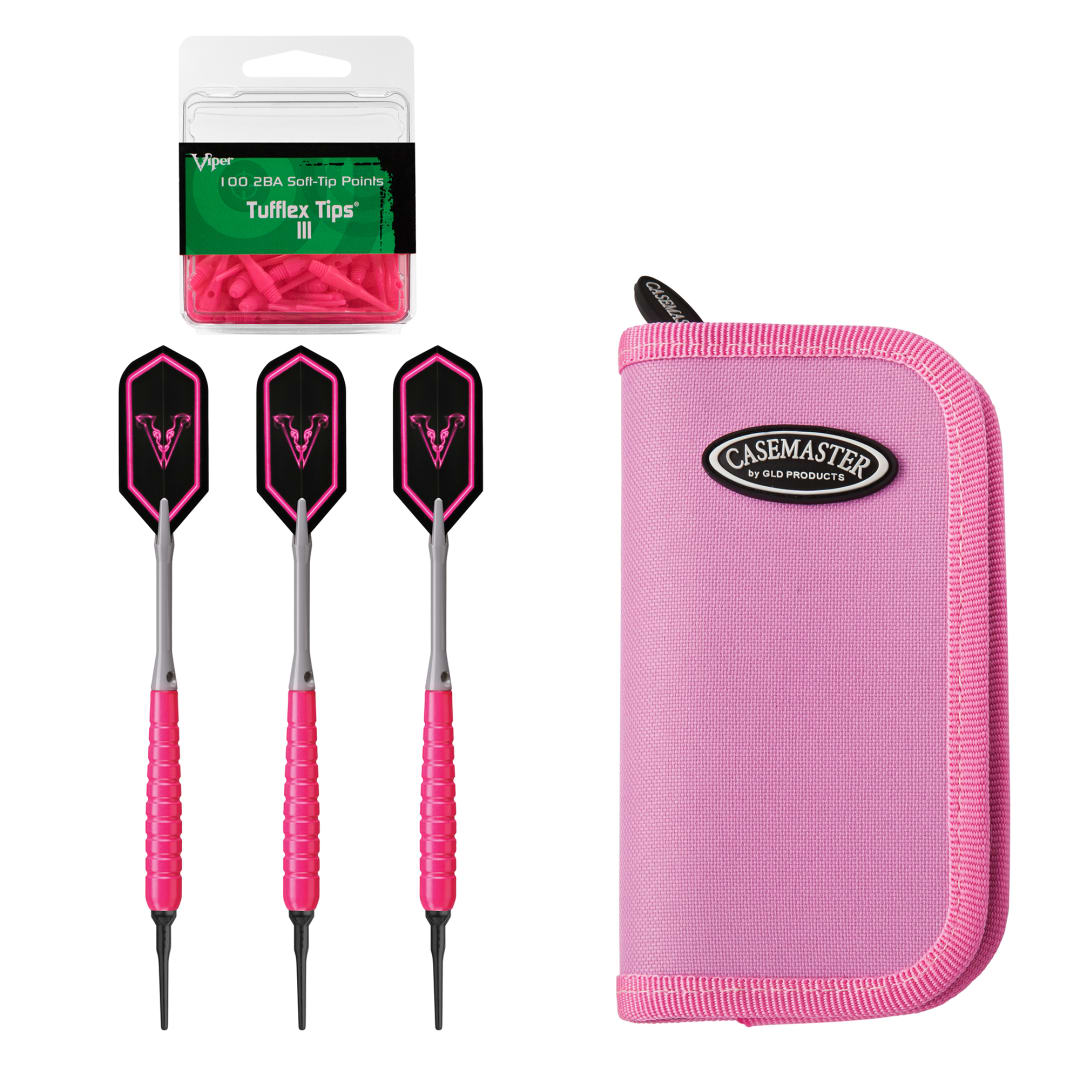 Viper V Glo Soft Tip 18gm Pink, Casemaster Deluxe Pink Nylon Dart Case, and Viper 2BA Tufflex Tips III- Neon Pink 100ct. Box