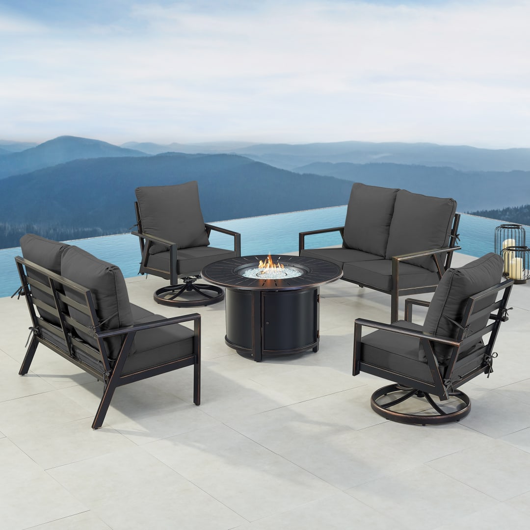 Black Aluminum Patio Fire Table Set with Two Deep Seating Loveseat with Cushions and Two Club Chairs