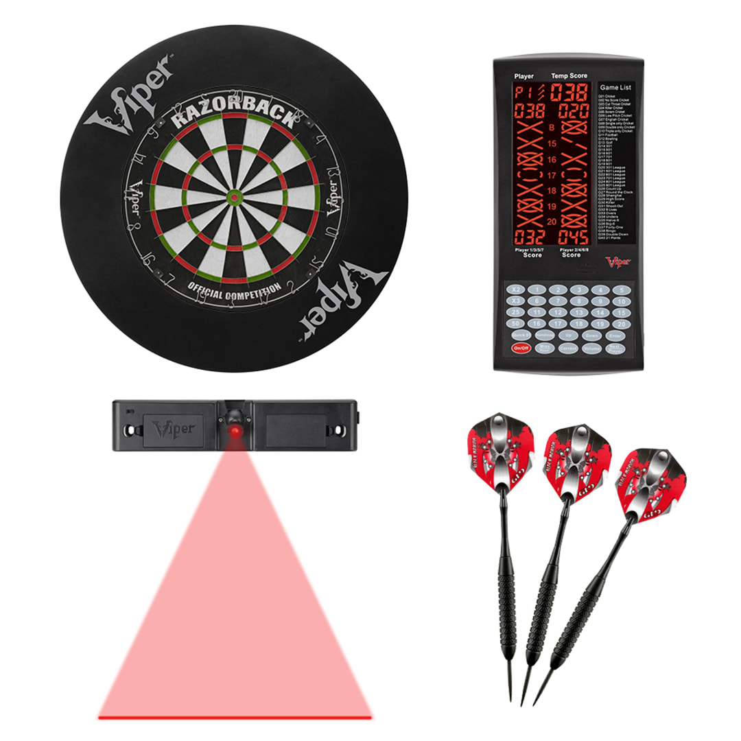 Viper Razorback Sisal/Bristle Dartboard with 22 Gram Steel Tip Darts, Throw Line Light, Round Wall Defender & Pro Score Digital Scoreboard