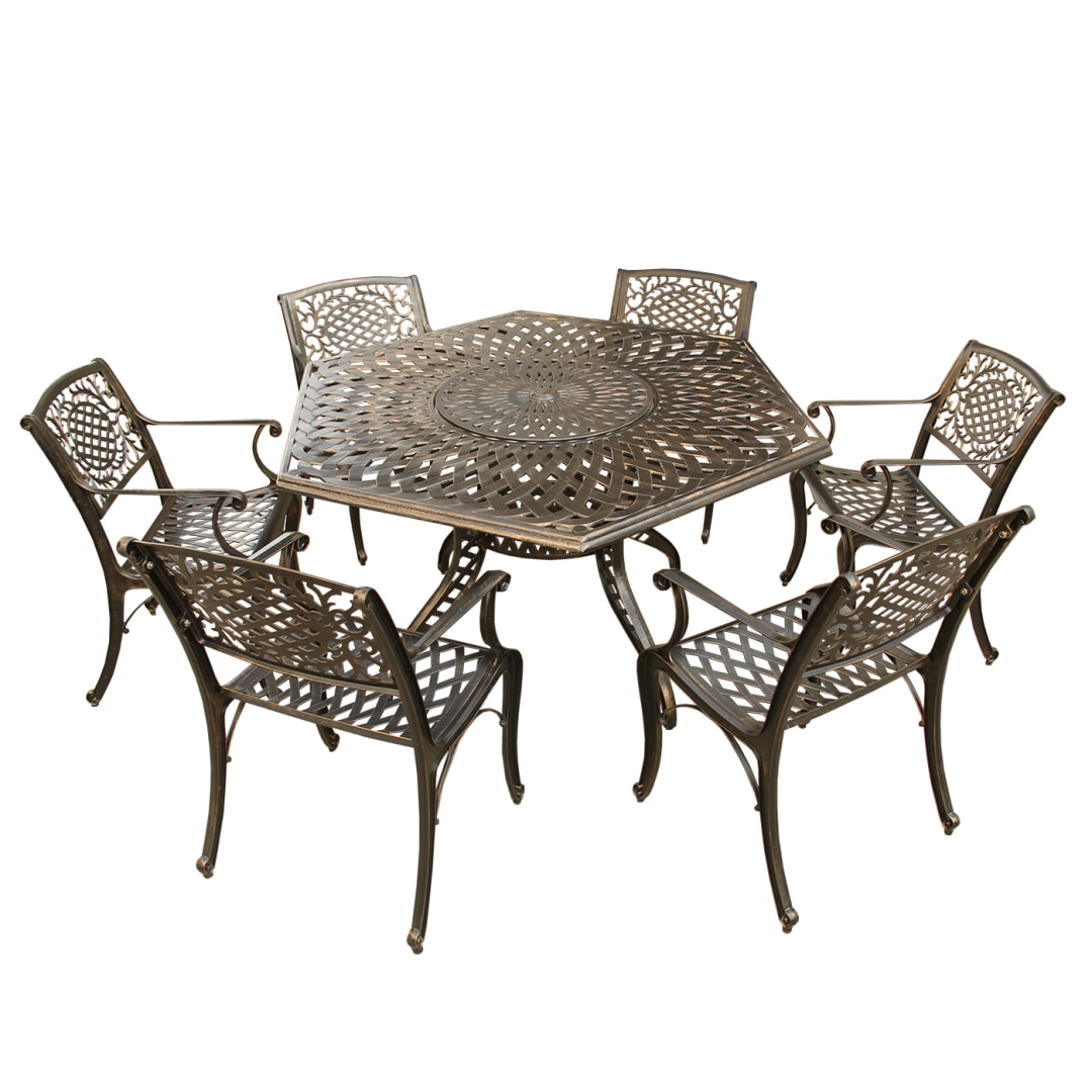 Contemporary Modern and Ornate Traditional Outdoor Mesh Lattice Aluminum 63 inch Bronze Hexagon Dining Set with Lazy Susan and Six Chairs