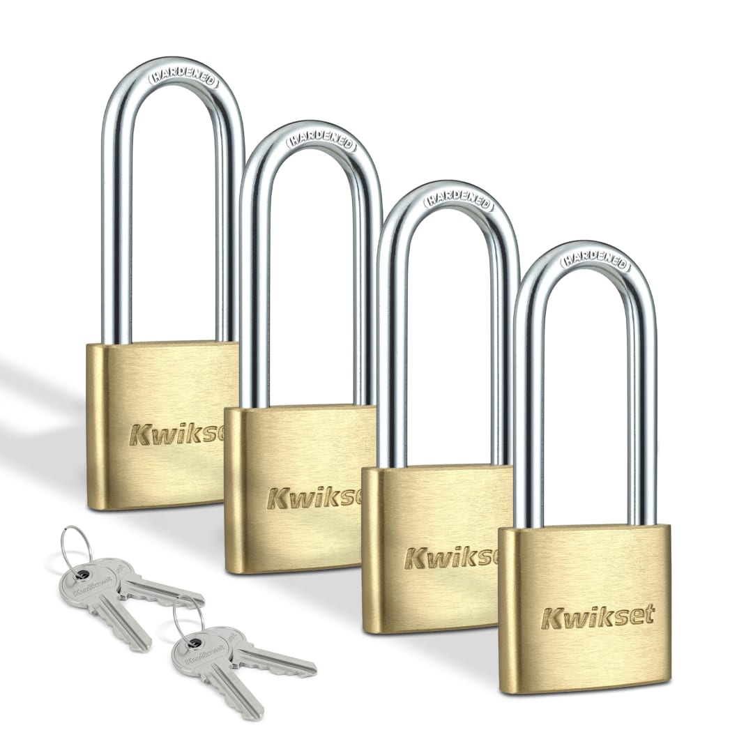 Kwikset Brass Padlock with Hardened Steel Shackle, 1-9/16 in Body, 2 in Shackle, 4 Pack