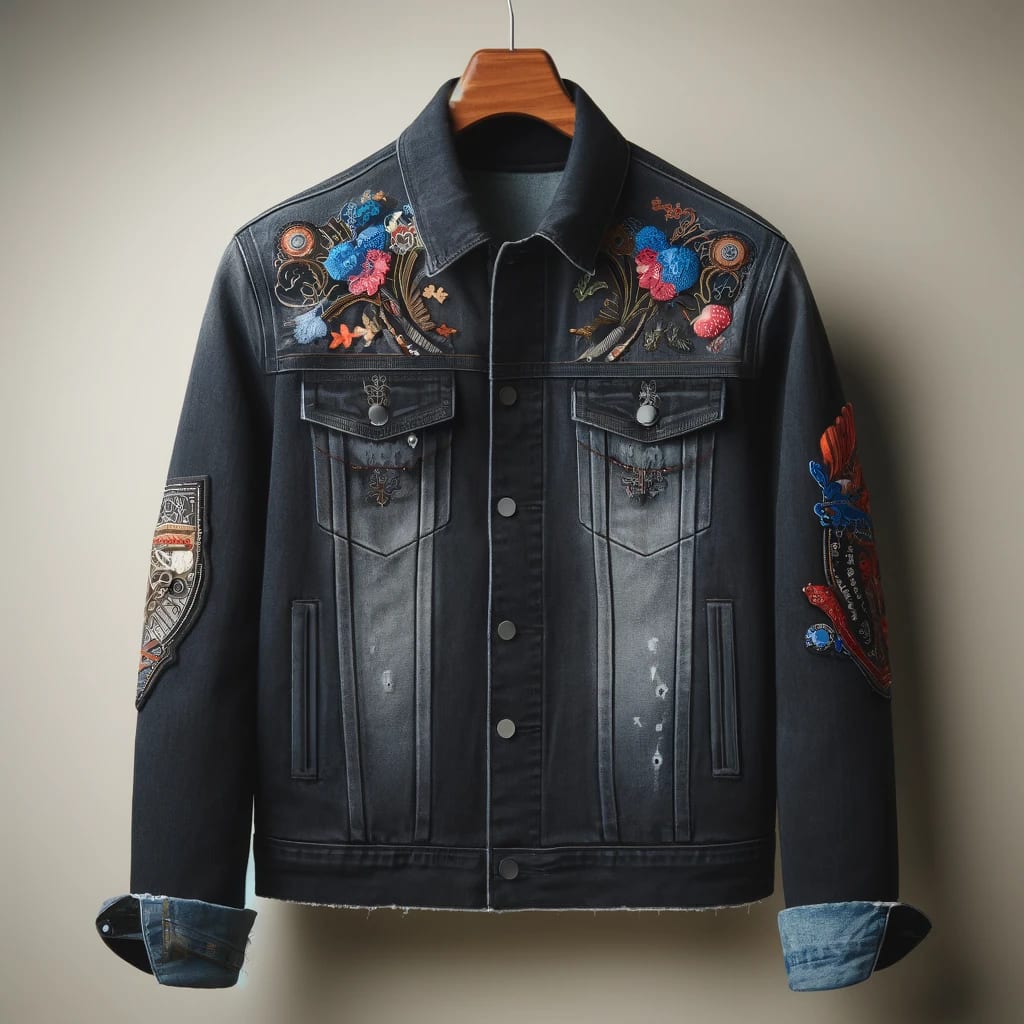Salsify Denim Jacket with Unique Patches and Embroidery - Dark Stonewash, Large