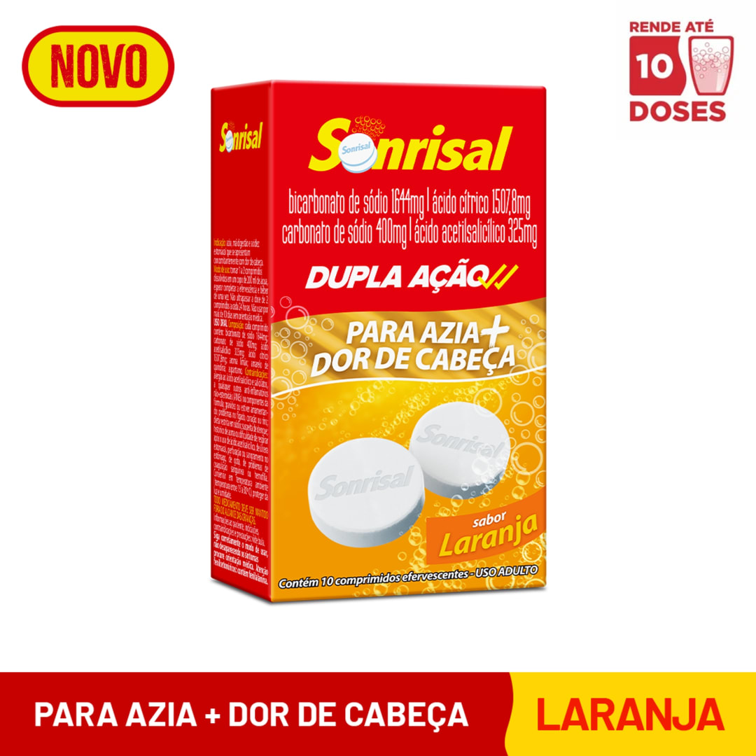 Sonrisal Laranja Dupla Ação Antiácido e Analgésico para Alívio da Azia e Dor de Cabeça com 10 pastilhas