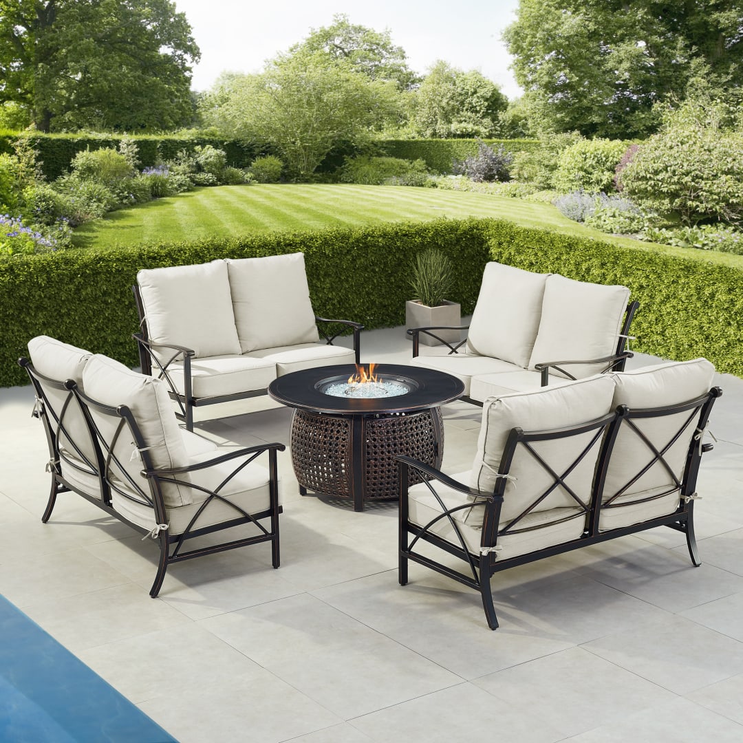 Black Aluminum Patio Fire Table Set with Four Deep Seating Loveseat with Cushions