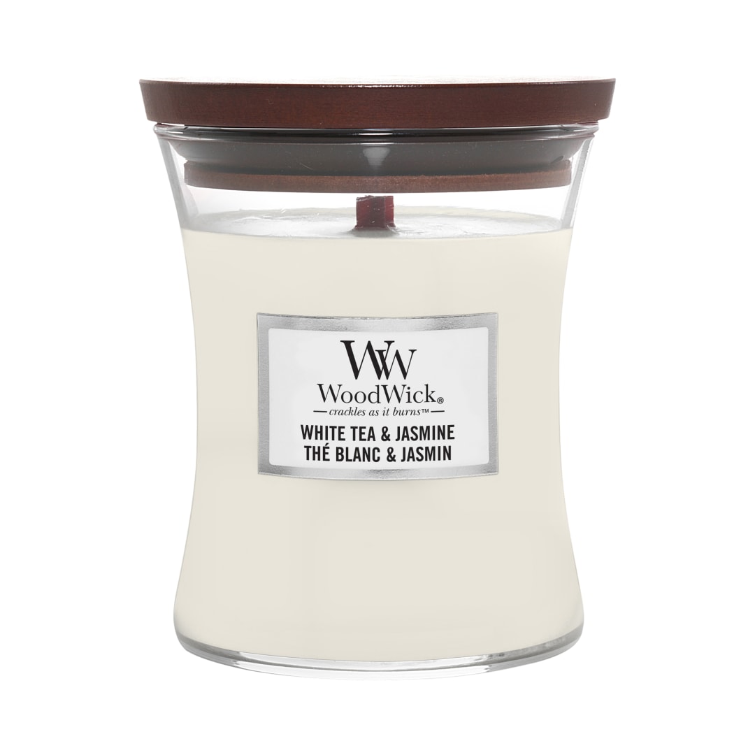 WoodWick Vela perfumada hourglass mediana | Té blanco y jazmín | con mecha crepitante | Tiempo de combustión: hasta 60 horas | Regalos para mujeres