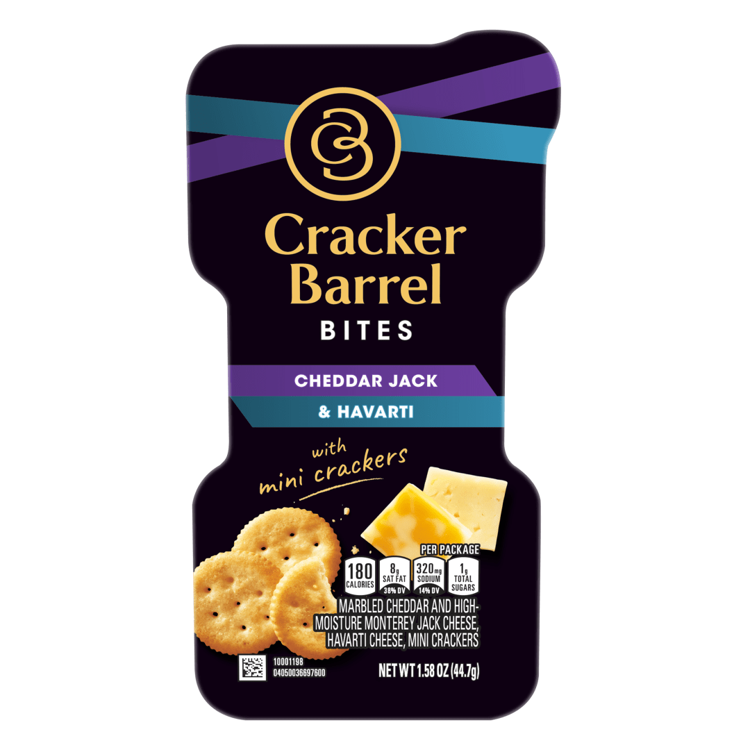 Cracker Barrel Bites Cheese Snacks Cheddar Jack, Havarti With Mini Crackers, 1.58 oz Tray