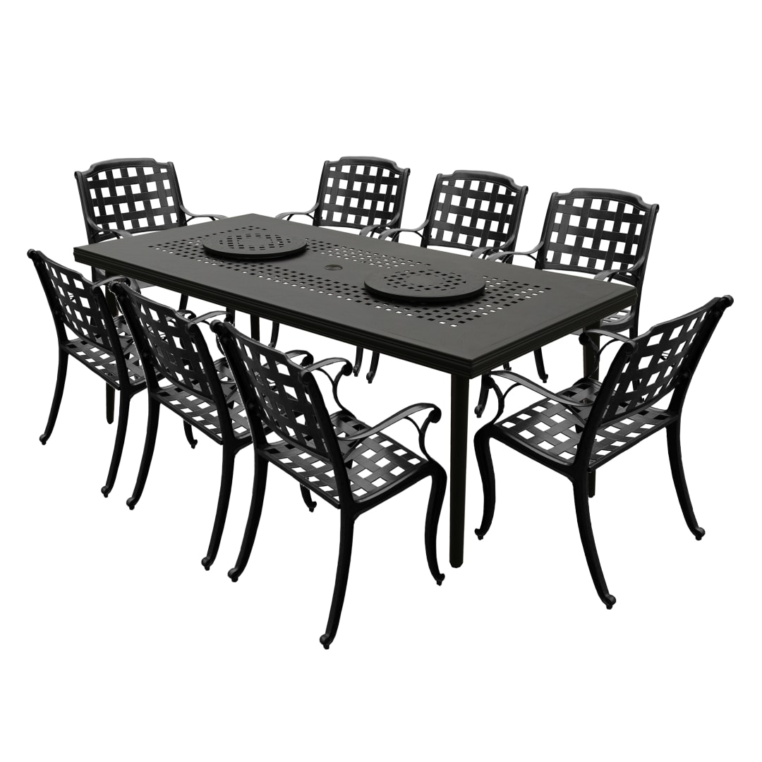 Modern Ornate Outdoor Mesh Aluminum 84-in Large Black Rectangular Patio Dining Set with Two Lazy Susans and Eight Chairs