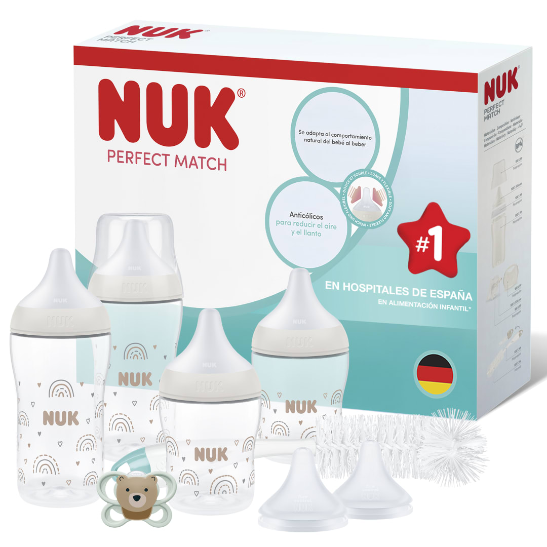 NUK Perfect Match Perfect Start Set de Biberones para Recién Nacidos | 0-6 Meses | 4 Biberones Anticólicos (150 ml, 260 ml), 2 Tetinas, 1 Chupete Air, 1 Cepillo para Biberones | Arcoíris | 8 Piezas