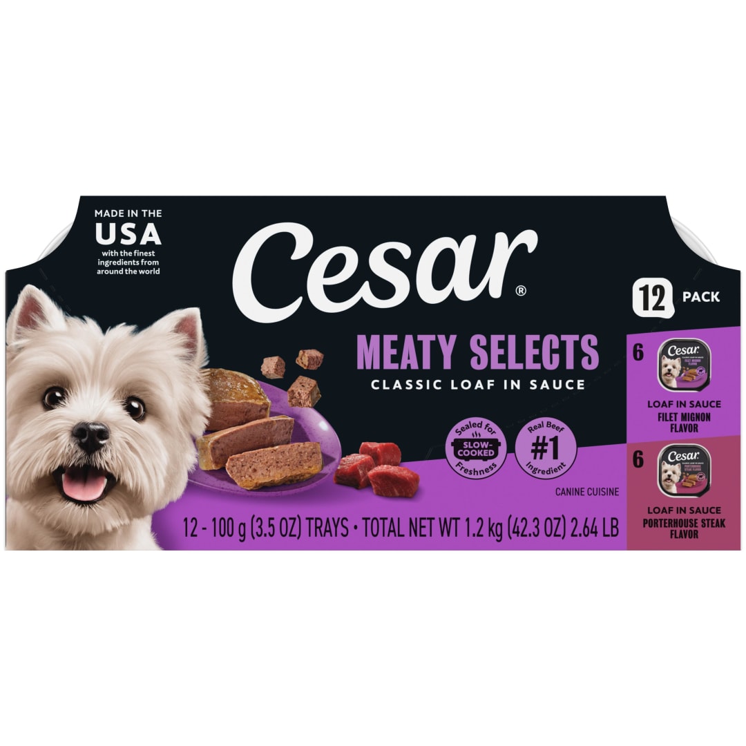 CESAR Soft Wet Dog Food Classic Loaf in Sauce Filet Mignon and Porterhouse Steak Flavors Variety Pack, (12) 3.5 oz. Easy Peel Trays
