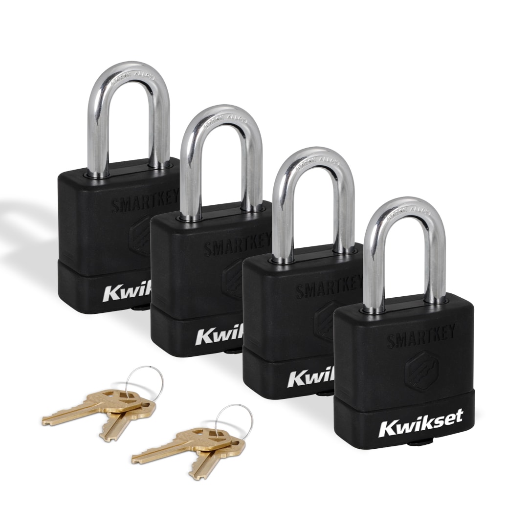 Kwikset SmartKey Re Keyable Laminated Steel Padlock with Boron Carbide Shackle, with Weather Cover, 2 in Body, 1-1/2 in Shackle, 4 Pack