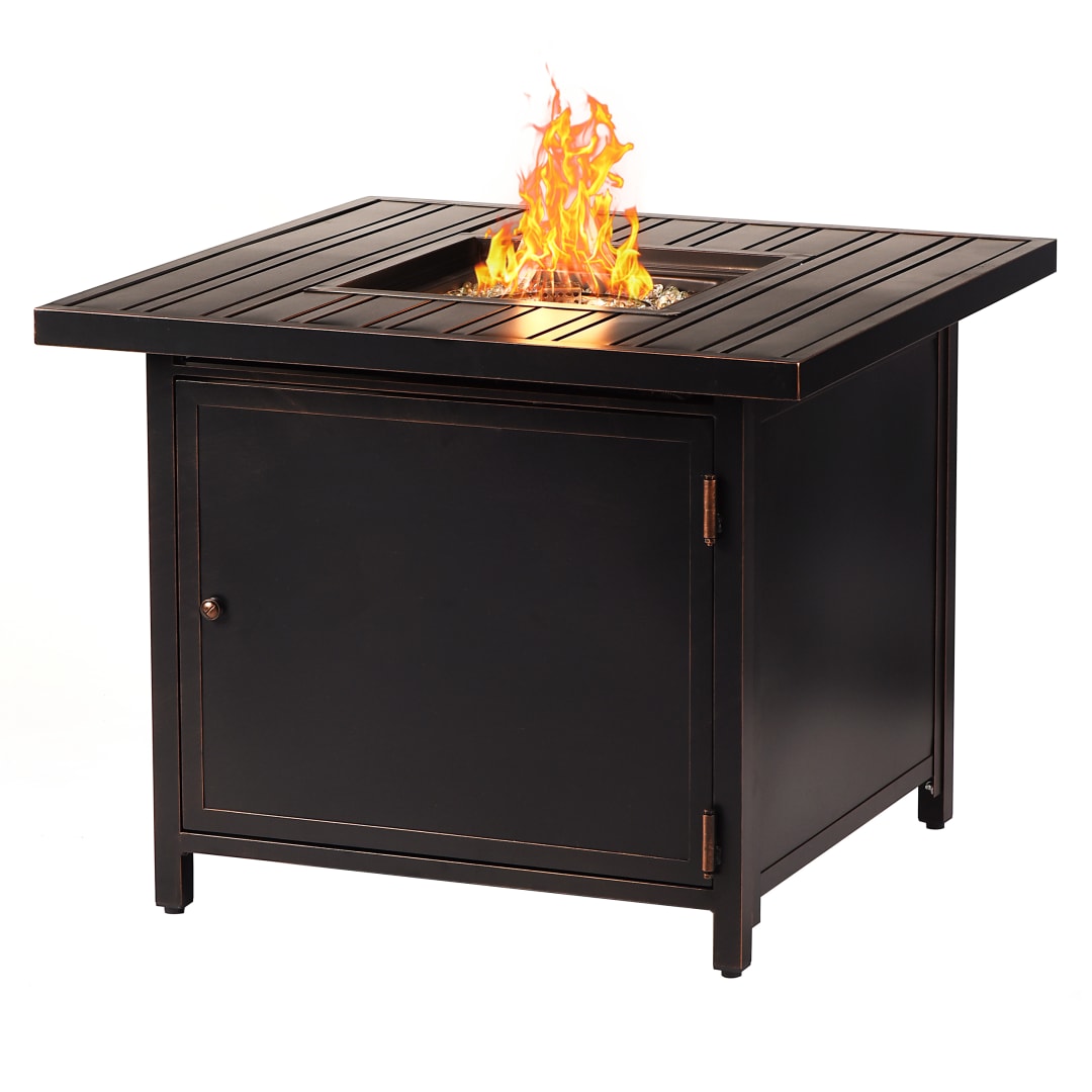 Square 32 in. x 32 in. Aluminum Propane Fire Pit Table with Glass Beads, Two Covers, Lid, 37,000 BTUs in Copper Finish