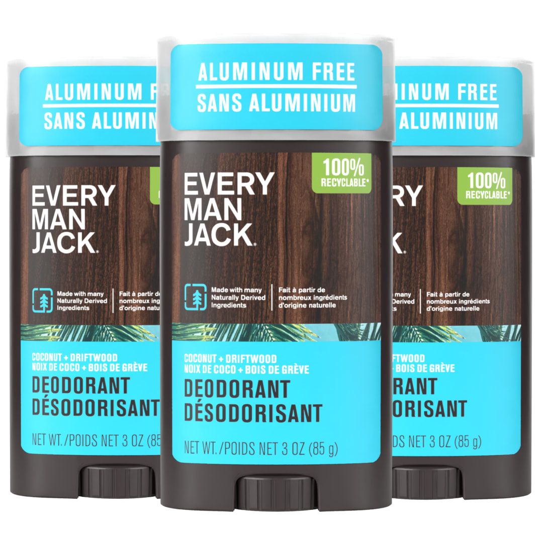 Every Man Jack Coconut + Driftwood Men’s Deodorant - Stay Fresh with Aluminum Free Deodorant For all Skin Types - Odor Crushing, Long Lasting, with Naturally Derived Ingredients - 3oz (3-Pack)