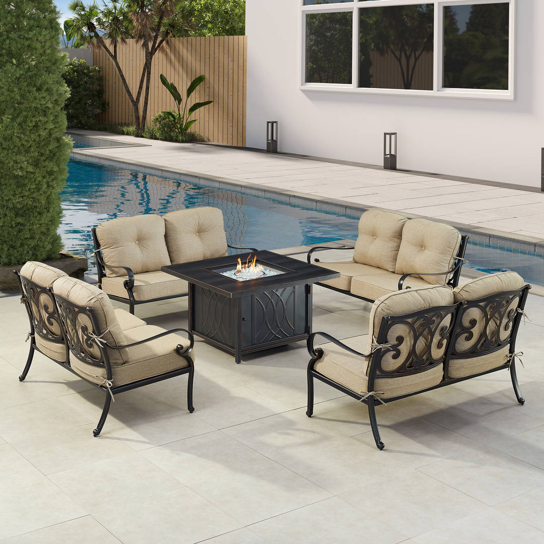 Black Aluminum Patio Fire Table Set with Four Deep Seating Loveseat with Cushions