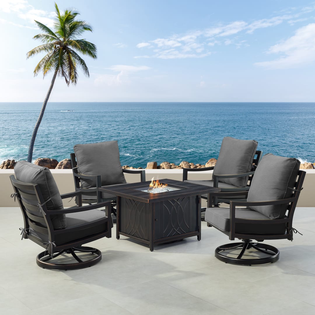 Black Aluminum Patio Fire Table Set with Four Club Chairs