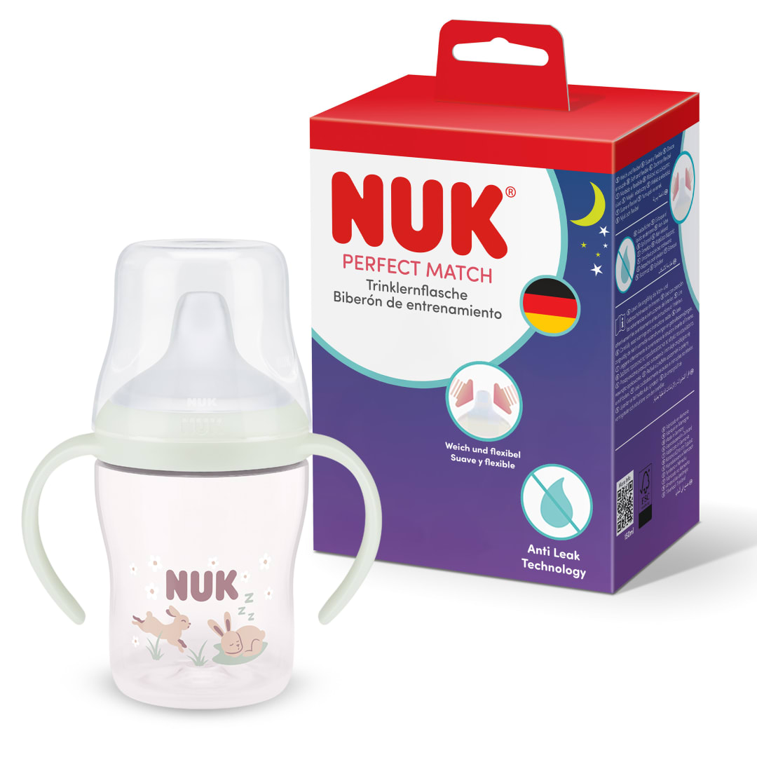NUK Perfect Match Learner Cup, 6+ Months, 150 ml, Leak Proof Sippy Cup Toddler Bottle, Anti-Slip Handles, Glow in the Dark, Bunny, 1 Count