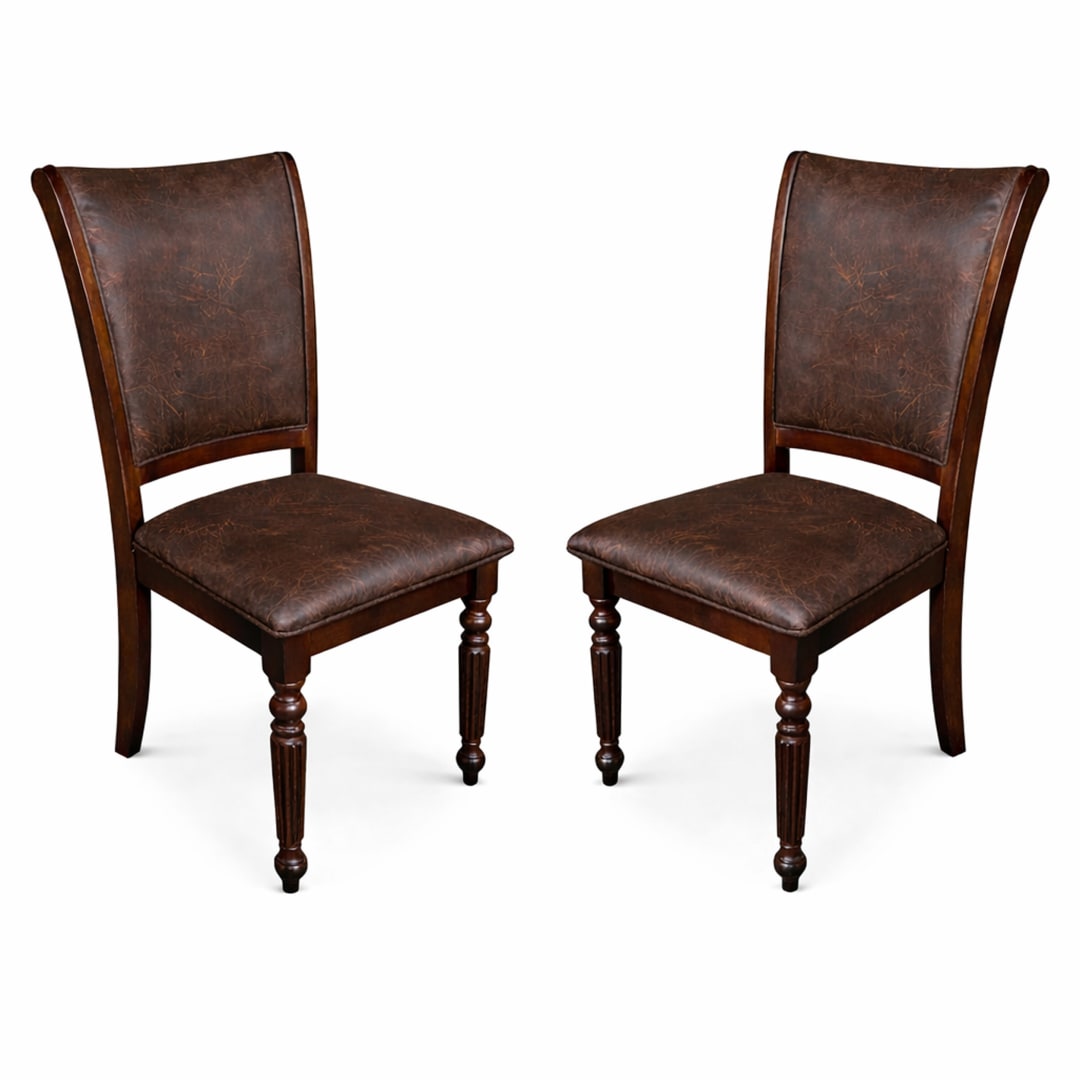 Traditional Dining Chairs, Set of 2, Expresso Finish with Dark Brown PU Leather Upholstered Seats Solid Rubberwood